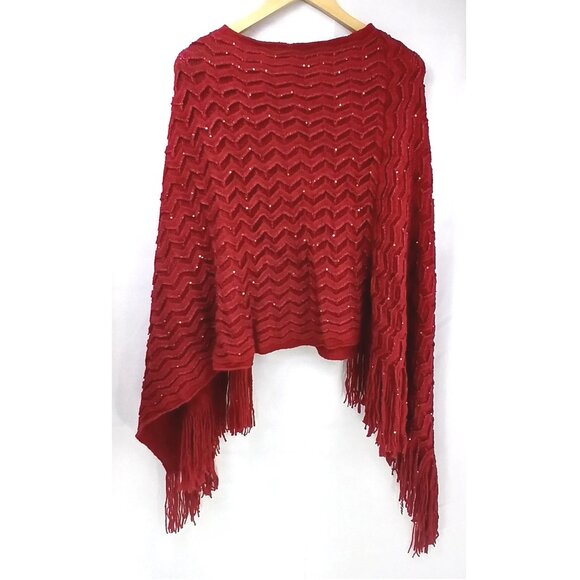 ❤️5/$15💚Assimetrical Knit Openwork Shevron Red Poncho with Fringe ONE PLUS Size - Picture 4 of 4